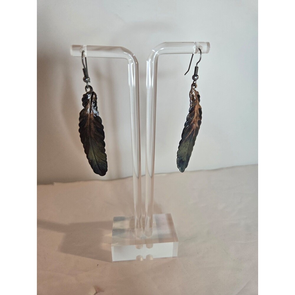 Dark Metal Earrings Feather Design